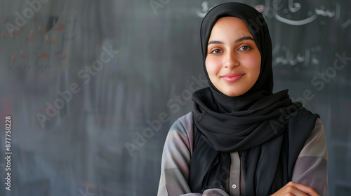 Middle Eastern Arab student or teacher wearing a hijab headscarf near the school classroom blackboard. Saudi Emirati national at university campus concept