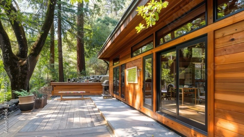 Craftsman-style outdoor artist studio with wooden walls and large windows, inspiring creativity in a natural setting © Ramzan