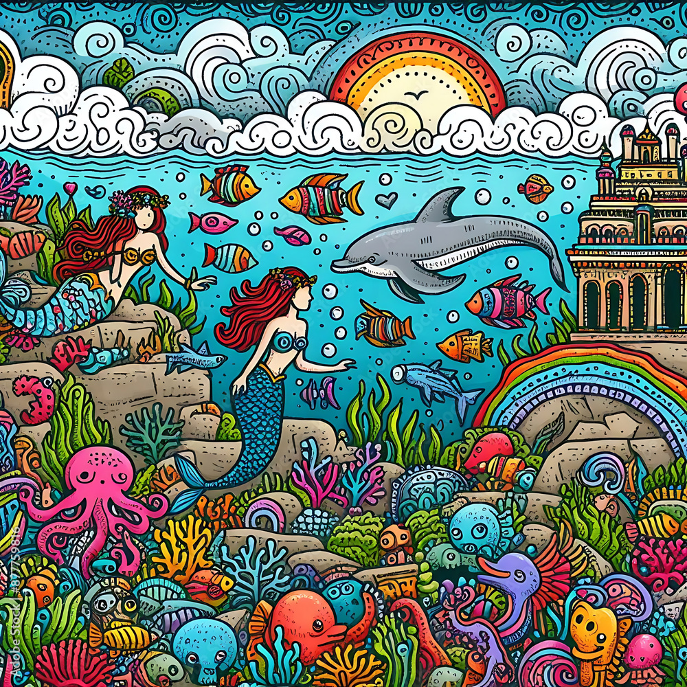 Doodle art cartoon of an underwater world with colorful fish and mermaids Doodle art cartoon of an underwater world with colorful fish and mermaids