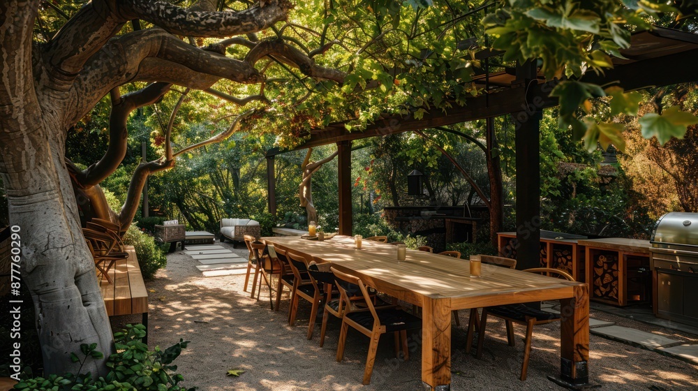 Craftsman-style outdoor dining set with a wooden table and chairs, under a canopy of trees for natural shade Craftsman-style outdoor dining set with a wooden table and chairs, under a canopy of trees for natural shade