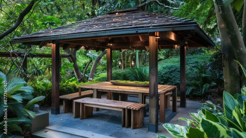 Craftsman-style outdoor dining pavilion with a wooden table and benches, surrounded by lush greenery for a serene meal setting Craftsman-style outdoor dining pavilion with a wooden table and benches, surrounded by lush greenery for a serene meal setting