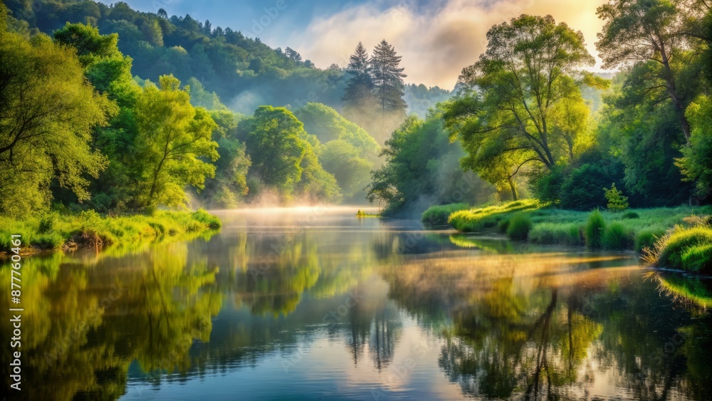 The Morning Mist Gently Lifts Over The River, Revealing A Tranquil Scene Of Lush Greenery And Shimmering Water. The Morning Mist Gently Lifts Over The River, Revealing A Tranquil Scene Of Lush Greenery And Shimmering Water.