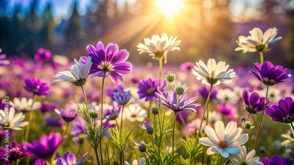 Fototapeta premium Image Reference: Beautiful Purple And White Flowers In A Field With A Warm Sunset In The Background.
