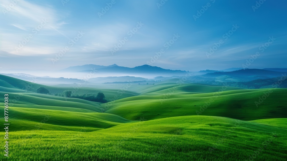 A large, open field with a blue sky and mountains in the background. The grass is lush and green, and the sky is clear and bright. Concept of peace and tranquility A large, open field with a blue sky and mountains in the background. The grass is lush and green, and the sky is clear and bright. Concept of peace and tranquility