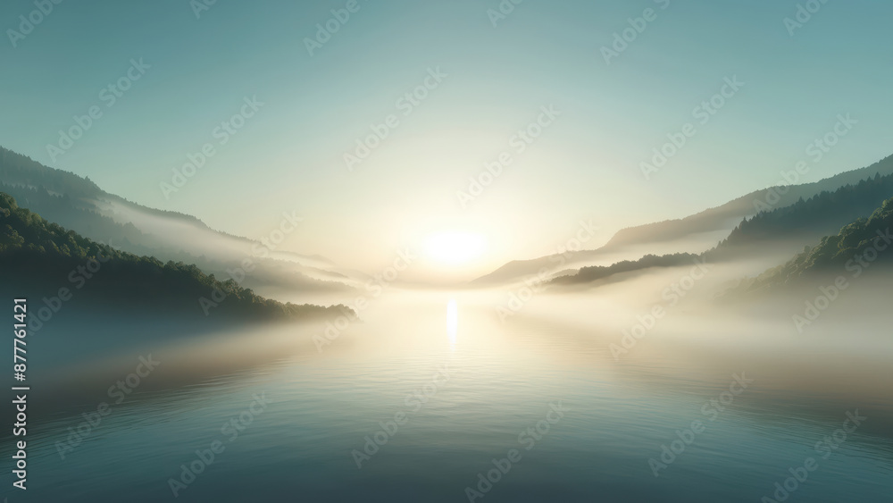 Fototapeta premium Stunning sunrise over a tranquil lake with misty mountains in the background, creating a serene and peaceful atmosphere.