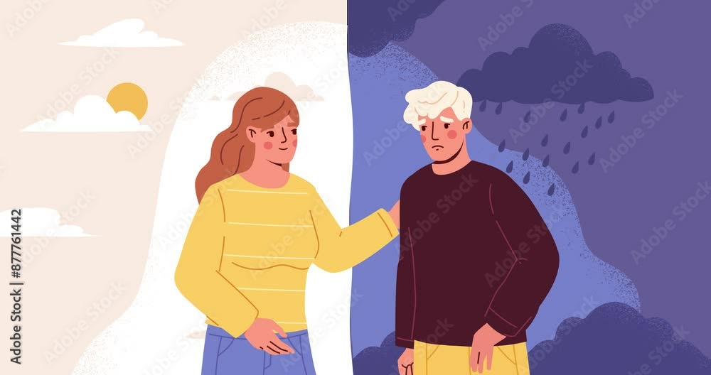 Psychological help of friend. Moving banner with woman giving advice and support to depressed and anxious man. Solving mental problems and disorders. Cartoon style graphic animated video clip