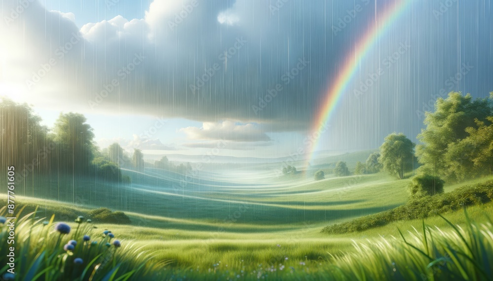 Vibrant landscape with a rainbow arching over a lush, green meadow during a gentle rain, under a partially cloudy sky. Vibrant landscape with a rainbow arching over a lush, green meadow during a gentle rain, under a partially cloudy sky.