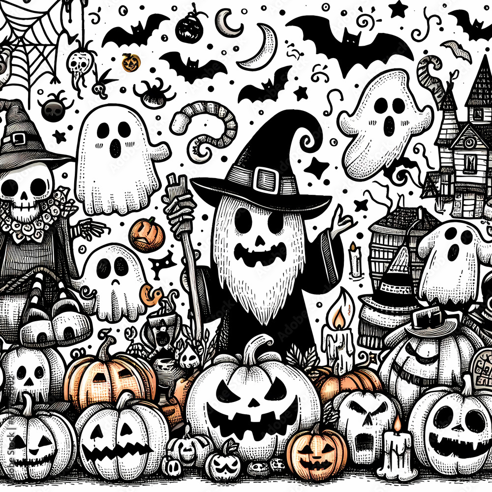 Doodle art cartoon of a Halloween scene with ghosts, pumpkins and witches Doodle art cartoon of a Halloween scene with ghosts, pumpkins and witches