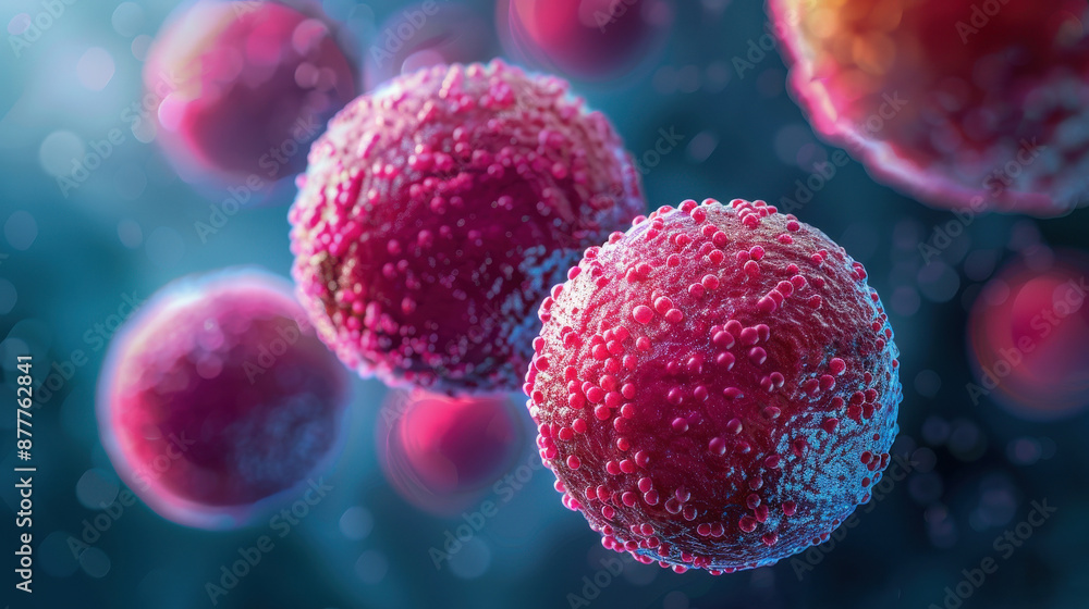 High-resolution image of pink spherical bacteria in close-up detail, showcasing their textured surfaces under a microscope.