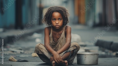 Little girl holding a bowl in her hands, looking at the camera with sad eyes