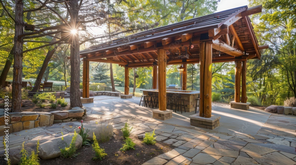 Craftsman-style outdoor pavilion with wooden posts and a stone floor, perfect for hosting events Craftsman-style outdoor pavilion with wooden posts and a stone floor, perfect for hosting events