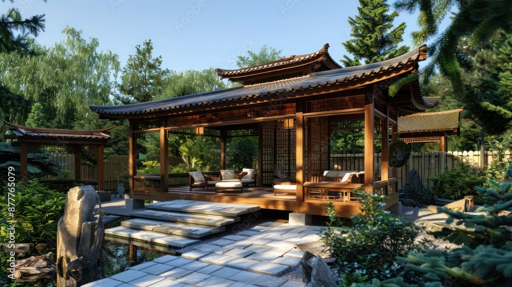 Craftsman-style outdoor teahouse with a wooden structure and traditional details, providing a cultural and relaxing experience Craftsman-style outdoor teahouse with a wooden structure and traditional details, providing a cultural and relaxing experience