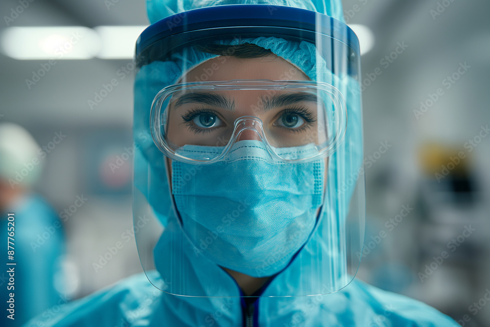 a female surgeon wearing surgical suit, face mask and protective glasses a female surgeon wearing surgical suit, face mask and protective glasses