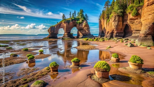 low tide on the bay of fundy exposes the rocks sand and the arches of the flowerpots, arches, exposes, tide, fundy