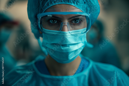a female surgeon wearing surgical suit, face mask and protective glasses