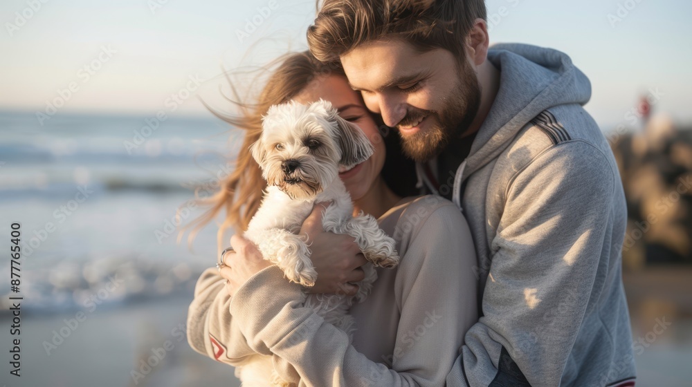 Couple Holding Dog on Beach Couple Holding Dog on Beach