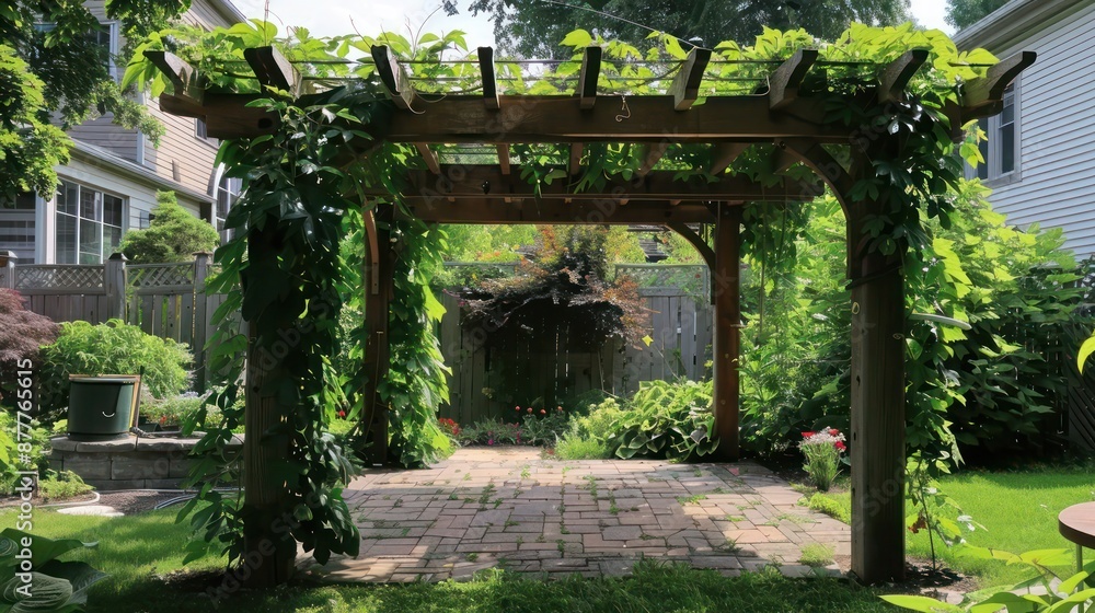 Craftsman-style pergola covered with climbing vines, creating a natural archway in a suburban garden Craftsman-style pergola covered with climbing vines, creating a natural archway in a suburban garden