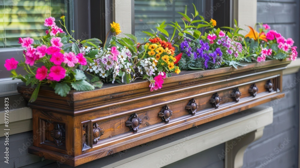 Craftsman-style planter box with wooden sides and detailed trim, filled with colorful flowers and greenery Craftsman-style planter box with wooden sides and detailed trim, filled with colorful flowers and greenery