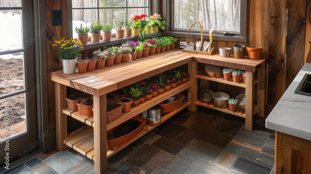 Craftsman-style planting station with a wooden countertop and shelves, designed to make potting and planting easier Craftsman-style planting station with a wooden countertop and shelves, designed to make potting and planting easier