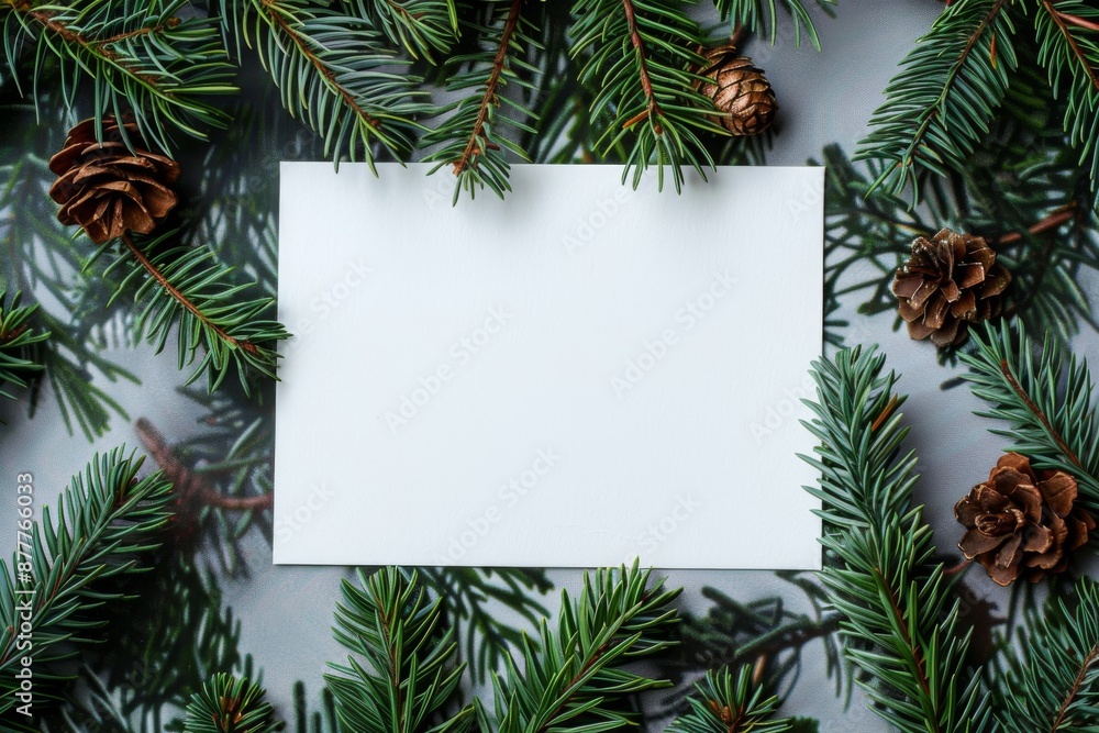 Blank white card surrounded by green pine branches and pinecones, Christmas concept Blank white card surrounded by green pine branches and pinecones, Christmas concept