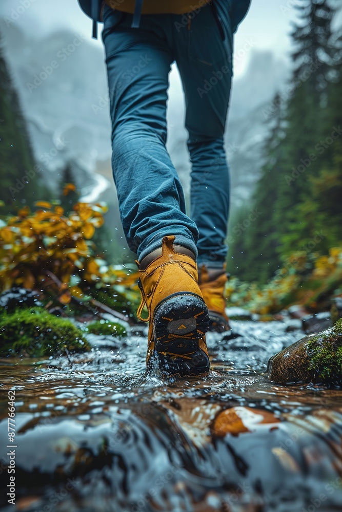 Hiking in the mountains. Male legs with sports shoes and backpack running on a trail mountain Hiking in the mountains. Male legs with sports shoes and backpack running on a trail mountain