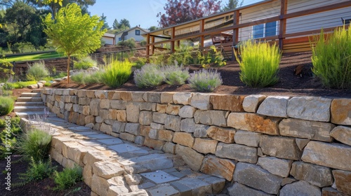 Craftsman-style retaining wall with natural stone and wooden accents, enhancing the landscape of a sloped yard photo