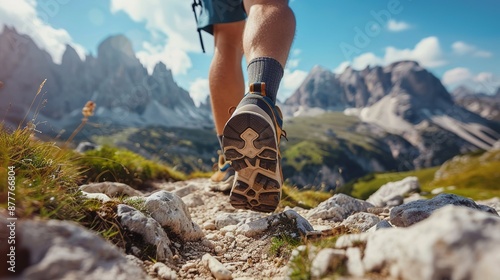 Hiking in the mountains. Male legs with sports shoes and backpack running on a trail mountain © Vasiliy