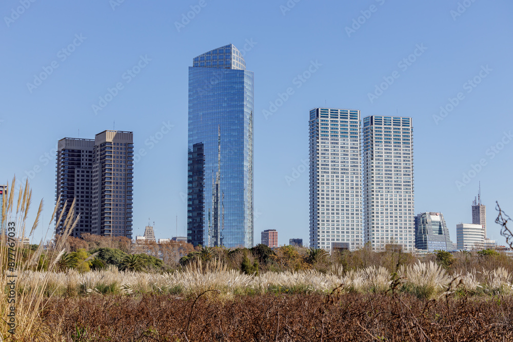 Buildings of Puerto Madero seen from the Costanera Sur ecological reserve in the city of Buenos Aires. Buildings of Puerto Madero seen from the Costanera Sur ecological reserve in the city of Buenos Aires.