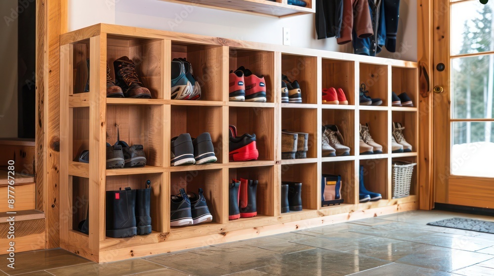 Craftsman-style storage cubby with wooden compartments, organizing shoes and outdoor gear in a mudroom Craftsman-style storage cubby with wooden compartments, organizing shoes and outdoor gear in a mudroom