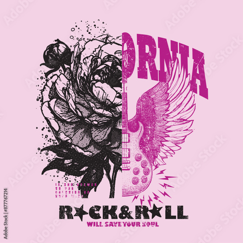 summer party vibes t-shirt print, California Rock n roll vintage gutter with wings graphic in vector, Rock print, California text with roses in vector. Rose print, floral print on black.