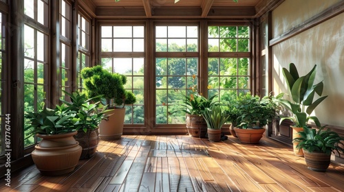 Craftsman-style sunroom with large windows, wooden floors, and a collection of plants in handcrafted pots © Ramzan