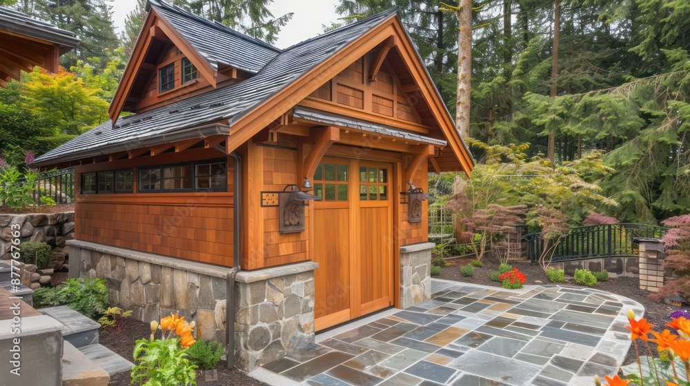 Naklejka premium Craftsman-style tool shed with natural wood walls and a slate roof, designed for both utility and aesthetic