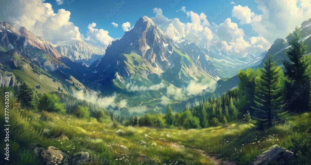 Obraz premium Stunning mountain landscape with lush green meadows, snow capped peaks, and a bright blue sky. Concept of nature, adventure, travel, and tranquility.