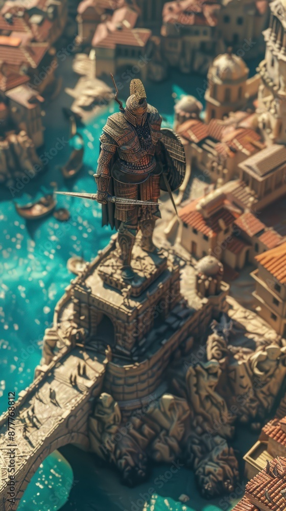 Fototapeta premium Miniature model of a Roman soldier standing guard over an ancient city, concept for history, war, strategy, and the Roman Empire
