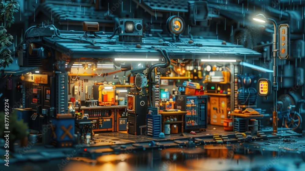 Cyberpunk street food stall at night. 3D Illustration of a futuristic, neon-lit, rainy street scene with an atmospheric and detailed shop. Cyberpunk street food stall at night. 3D Illustration of a futuristic, neon-lit, rainy street scene with an atmospheric and detailed shop.