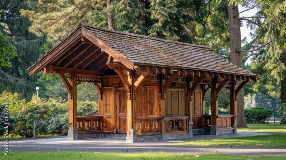 Craftsman-style wooden kiosk in a park, with detailed woodwork and a cedar shake roof Craftsman-style wooden kiosk in a park, with detailed woodwork and a cedar shake roof