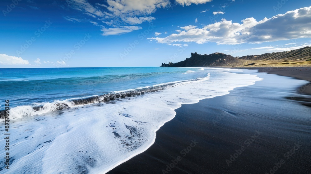 Scenic View of a Secluded Black Sand Beach with Turquoise Water and Blue Sky Scenic View of a Secluded Black Sand Beach with Turquoise Water and Blue Sky