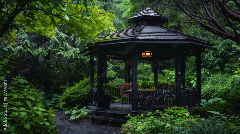 craftsman garden pavilion made of dark wood, surrounded by a lush green landscape craftsman garden pavilion made of dark wood, surrounded by a lush green landscape
