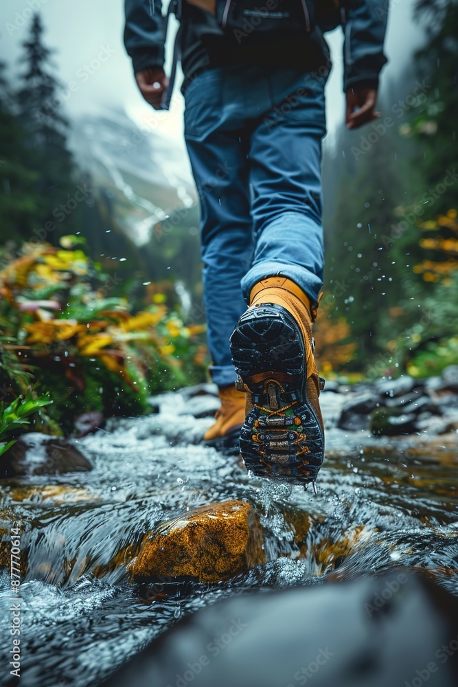 Hiking in the mountains. Male legs with sports shoes and backpack running on a trail mountain Hiking in the mountains. Male legs with sports shoes and backpack running on a trail mountain