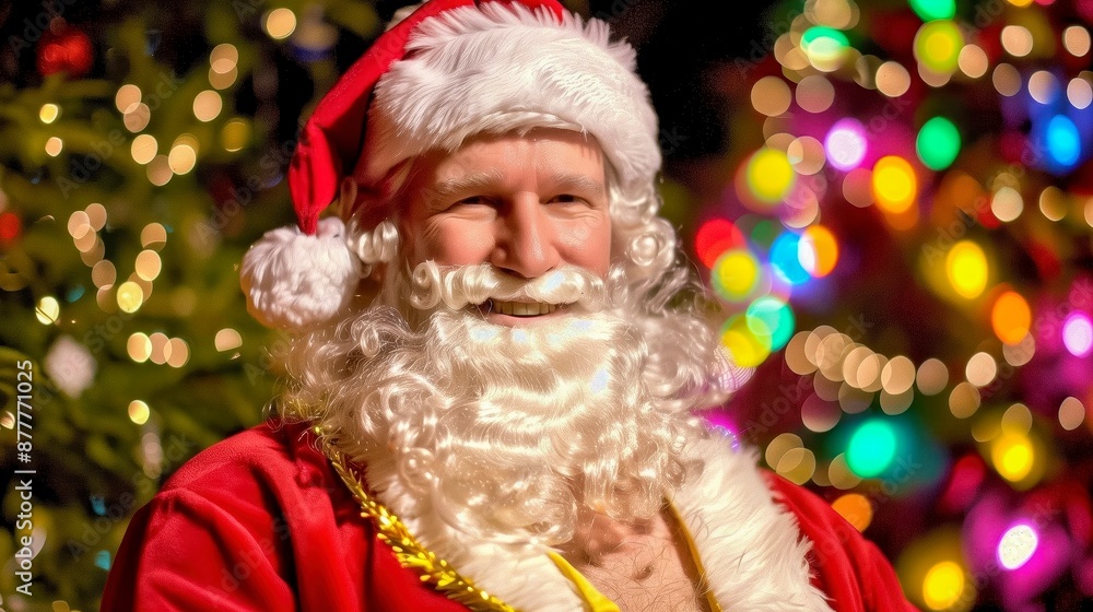 Smiling Santa Claus With White Beard And Red Hat, Surrounded By Brightly Colored Smiling Santa Claus With White Beard And Red Hat, Surrounded By Brightly Colored