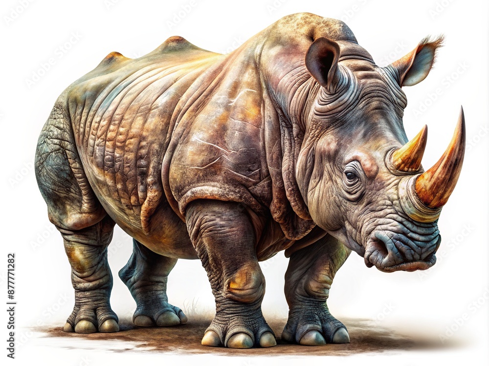 Highly detailed digital artwork of a majestic rhinoceros standing in a natural pose, showcasing its powerful build, rough textured skin, and fierce expression on a transparent background. Highly detailed digital artwork of a majestic rhinoceros standing in a natural pose, showcasing its powerful build, rough textured skin, and fierce expression on a transparent background.