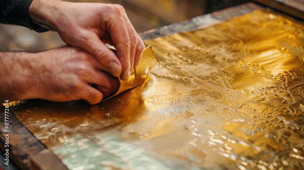 A photograph showcasing hands meticulously working with a sheet of gold leaf on a wooden table. A photograph showcasing hands meticulously working with a sheet of gold leaf on a wooden table.