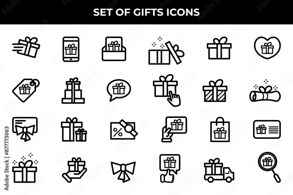 Simple Set of Gifts Related Vector Line Icons. Contains such Icons as Gift Card, Present Offer, Ribbon and more. Simple Set of Gifts Related Vector Line Icons. Contains such Icons as Gift Card, Present Offer, Ribbon and more.