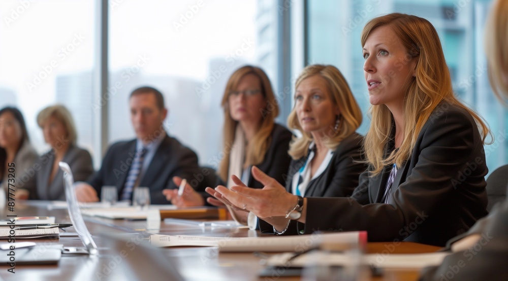 a group of business people sitting at a table and talking to each other. A female in her late thirties is speaking. an open atmosphere conference room table. a group of business people sitting at a table and talking to each other. A female in her late thirties is speaking. an open atmosphere conference room table.