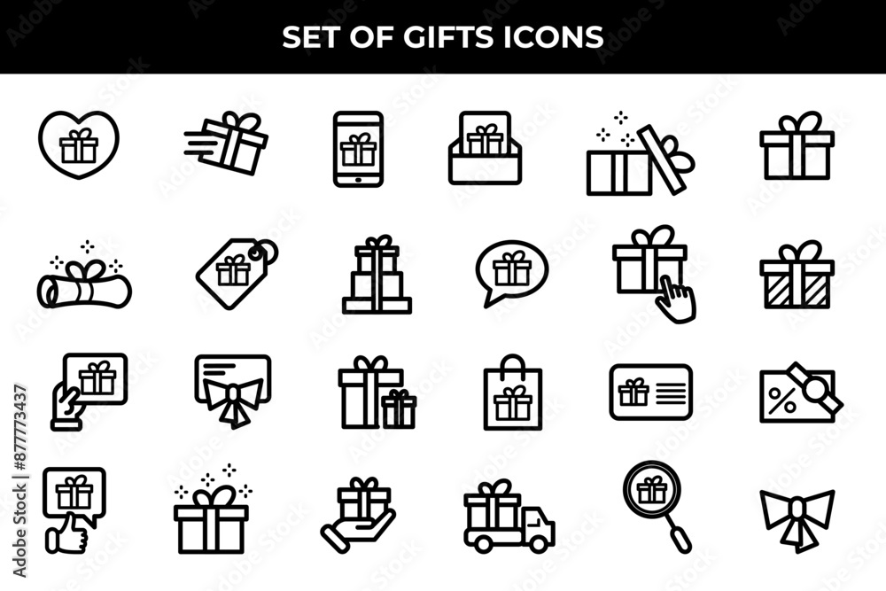 Simple Set of Gifts Related Vector Line Icons. Contains such Icons as Gift Card, Present Offer, Ribbon and more.