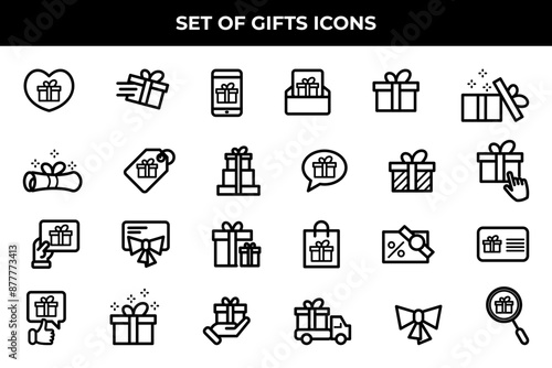 Simple Set of Gifts Related Vector Line Icons. Contains such Icons as Gift Card, Present Offer, Ribbon and more.