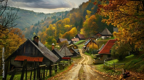 Autumnal Village nestled in the Misty Hills © Lisa_Art