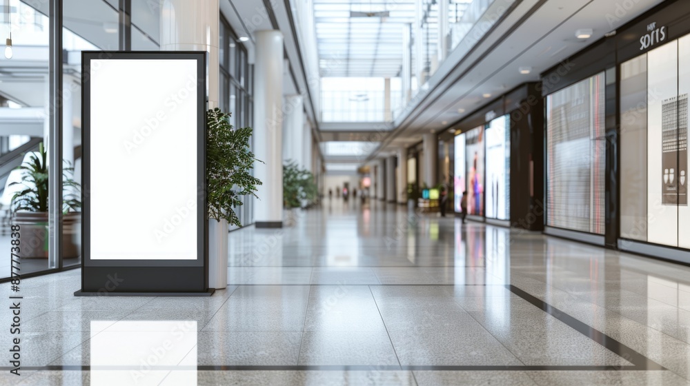 Mockup of an empty vertical advertising sign in a mall Mockup of an empty vertical advertising sign in a mall
