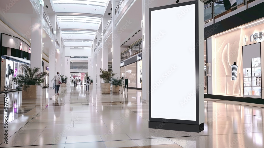 Mockup of an empty vertical advertising sign in a mall Mockup of an empty vertical advertising sign in a mall