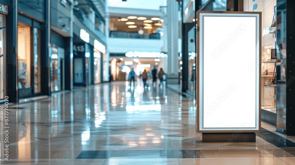 Mockup of an empty vertical advertising sign in a mall Mockup of an empty vertical advertising sign in a mall